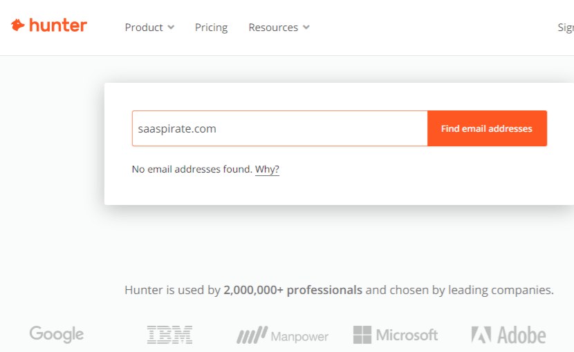 hunter failed to show email of a domain