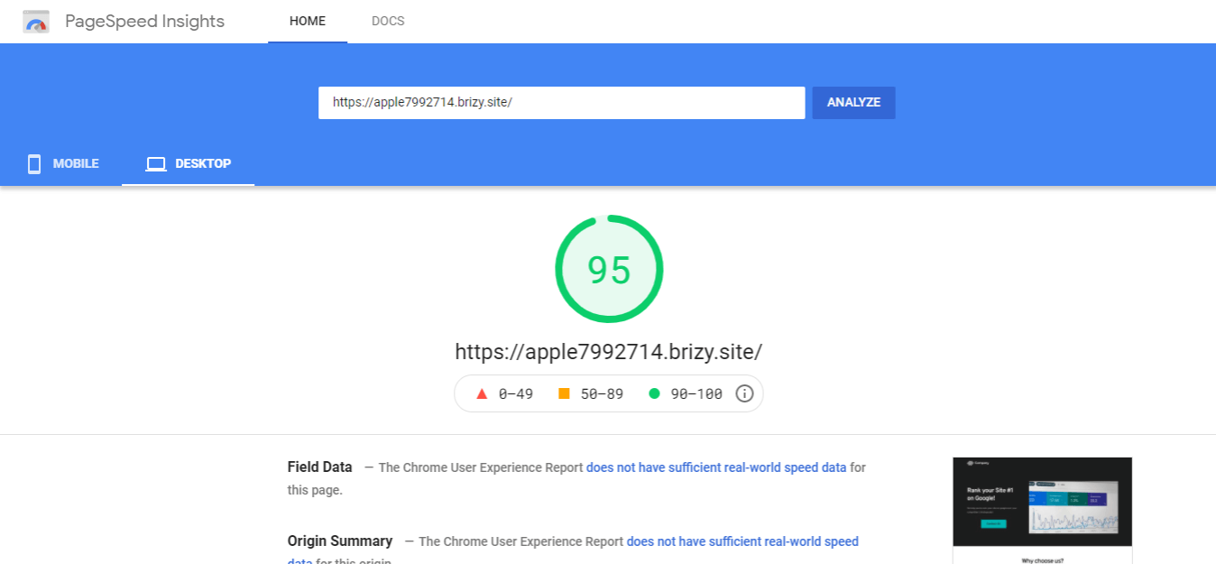 brizy cloud site pagespeed test