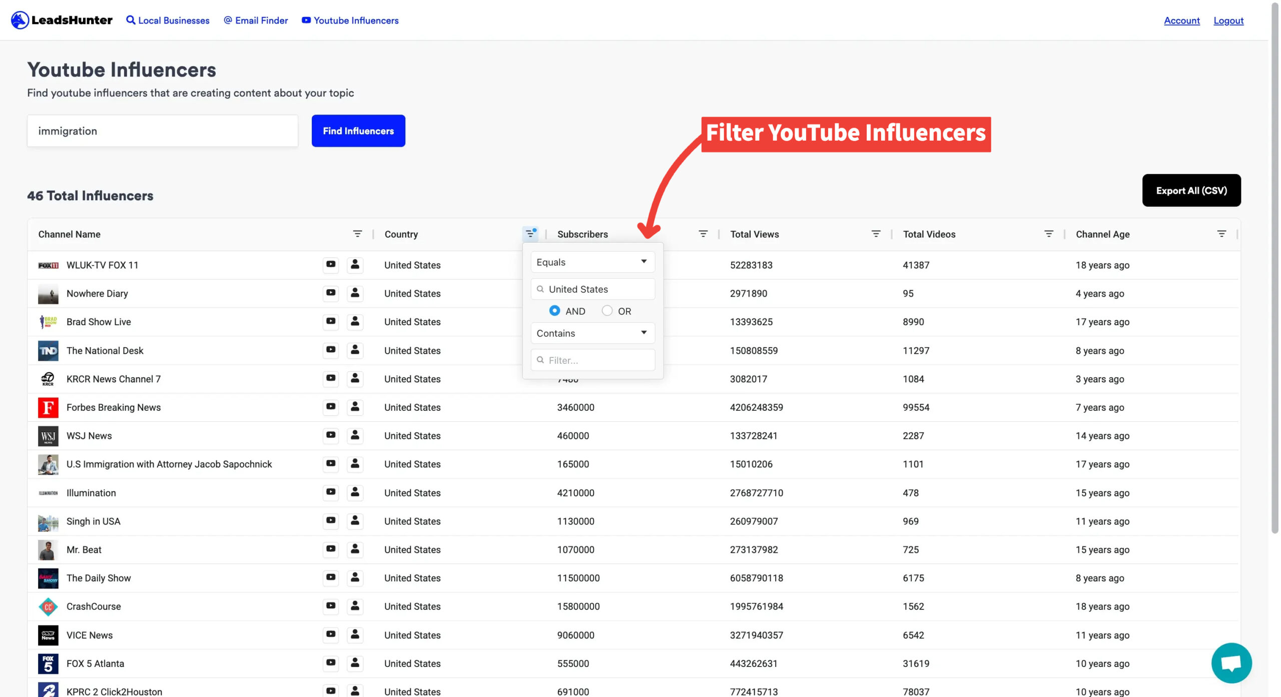 LeadsHunter YouTube Influencers Filter using Country