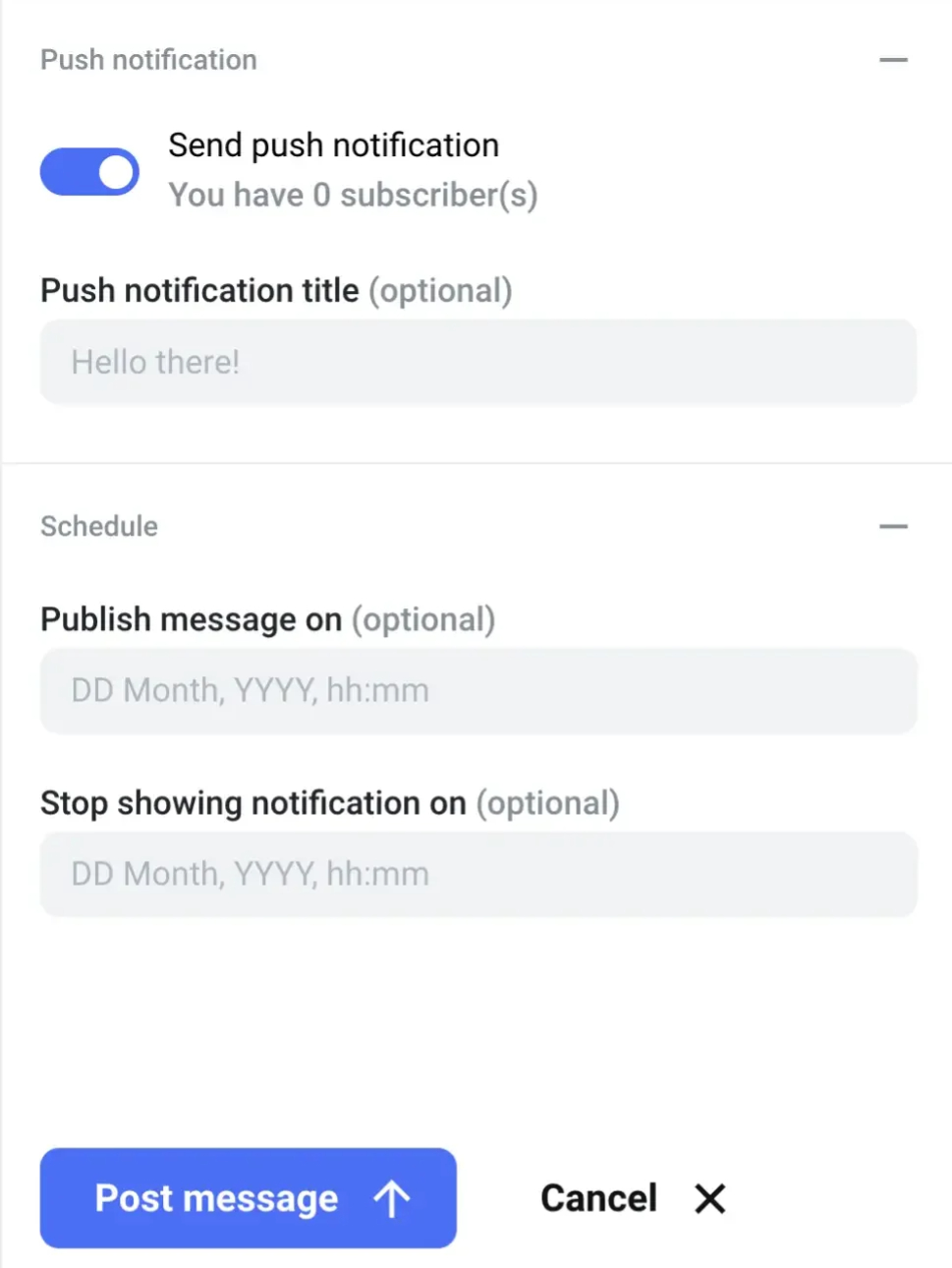 Taku.Cool builder - Push notification - Schedule messages to publish and stop - Taku builder